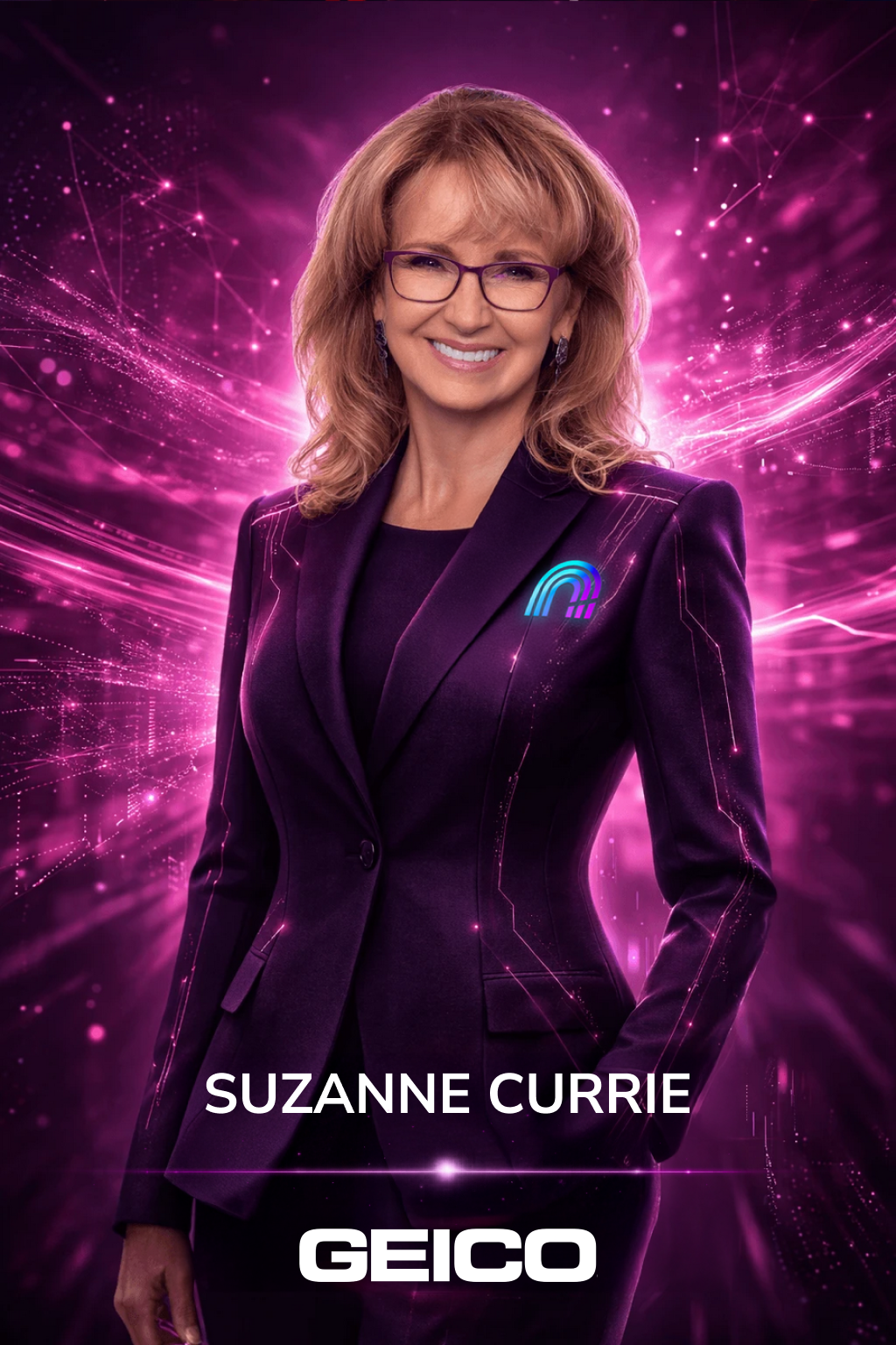 A woman with glasses and shoulder-length blonde hair in a purple suit, smiling, with digital pink and purple abstract background and logos for Suzanne Currie and Geico.