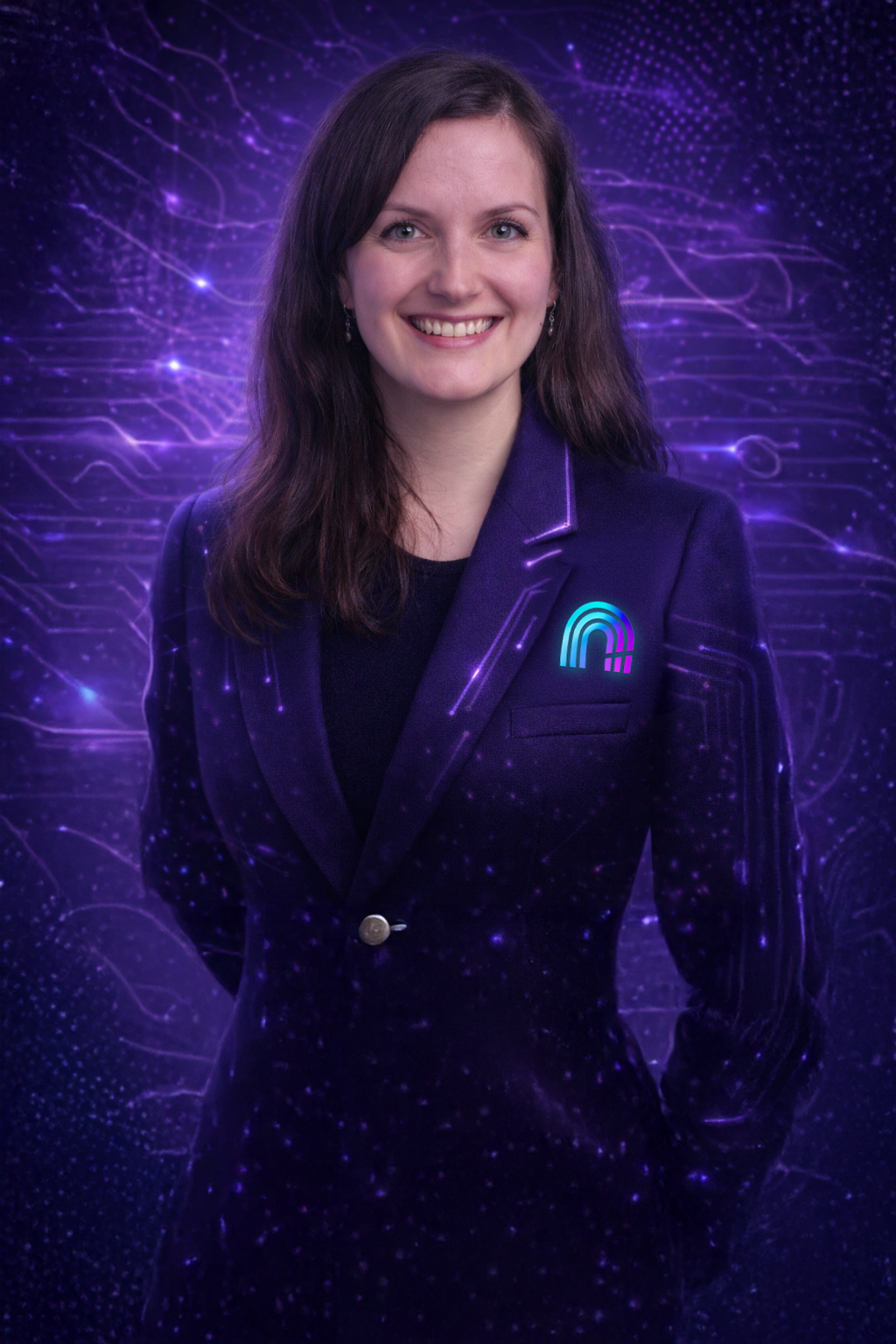 A woman with long brown hair in a dark purple blazer with a neon rainbow logo on the chest, standing with her hands behind her back, smiling against a digitally-created background of purple and blue circuitry and light trails.