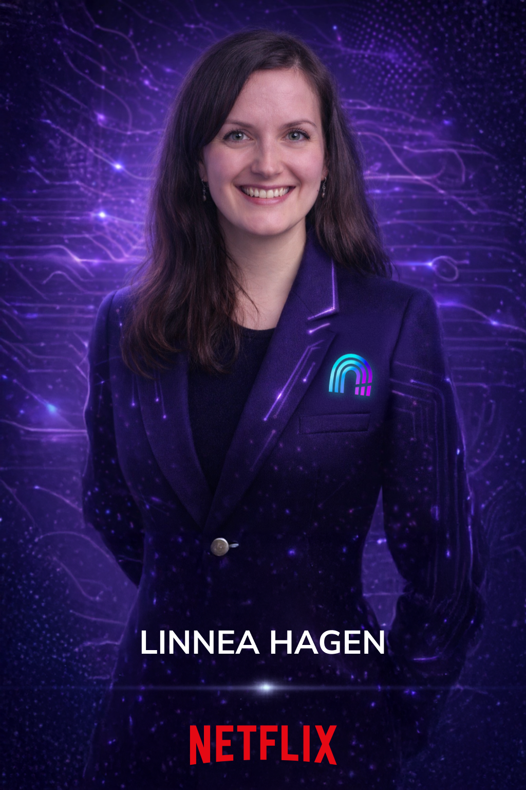 Headshot of Linnea Hagen in a dark suit with glowing digital pattern background, smiling, with her name and Netflix logo below.