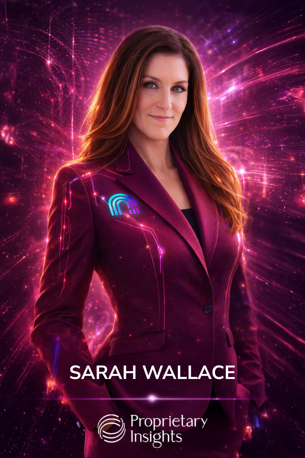 Sarah Wallace, a woman with long auburn hair, wearing a burgundy blazer with a digital logo on the shoulder, standing against a vibrant purple and pink digital background with light streaks and particles, representing technology and innovation, with her name and company logo at the bottom.