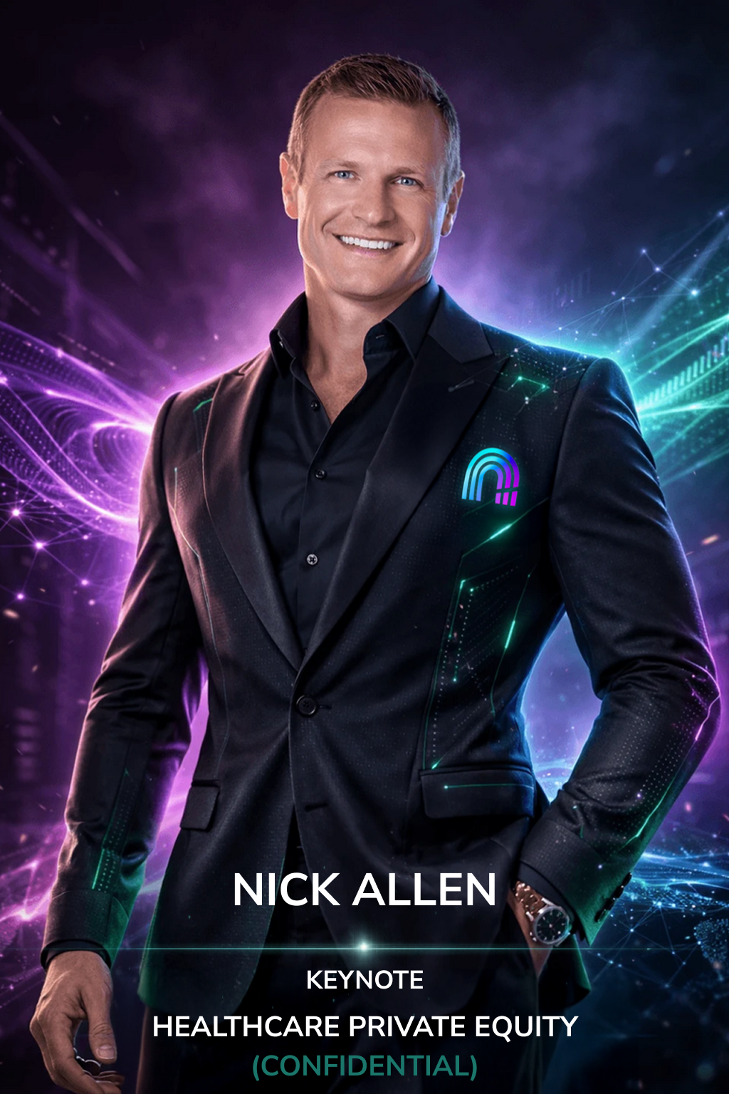 A professional man in a black suit and shirt, smiling, with a futuristic digital background and the text 'Nick Allen Keynote Healthcare Private Equity (Confidential)' displayed in the foreground.