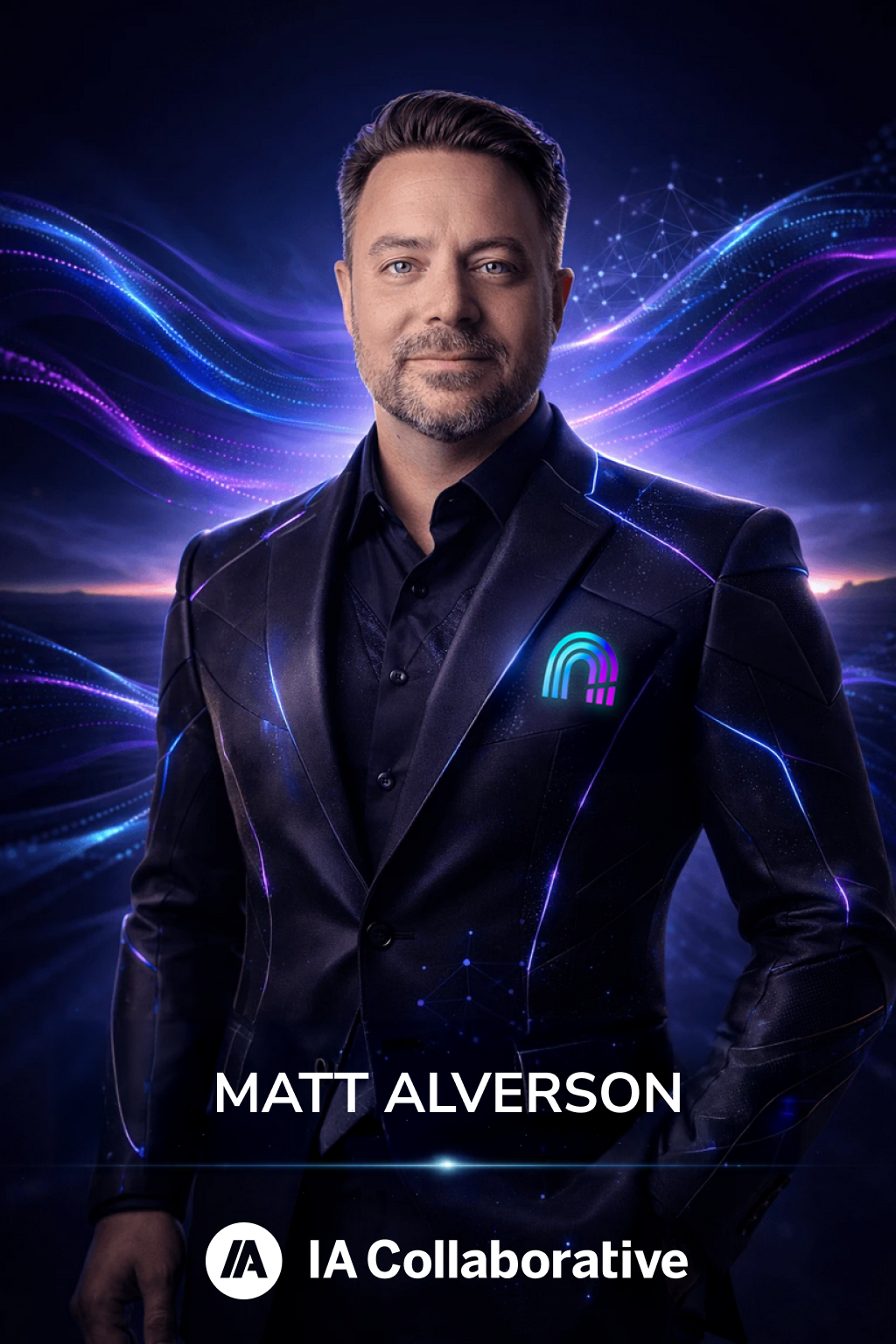 A man in a dark suit with an illuminated logo on his chest stands against a neon-lit, digital background with streaks of purple and blue light and an abstract network pattern. The text below reads 'Matt Alverson' and 'IA Collaborative'.