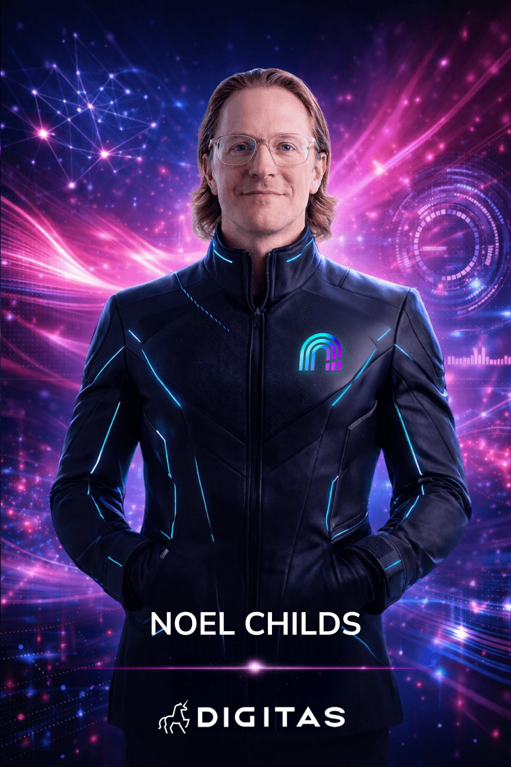 A man wearing a futuristic black jacket with blue glowing lines, standing in front of a digital, sci-fi background with pink and purple light streaks and geometric patterns. The jacket has a multicolored logo on the chest. The text overlay reads "NOEL CHILDS" and "DIGITAS" with a horse icon.