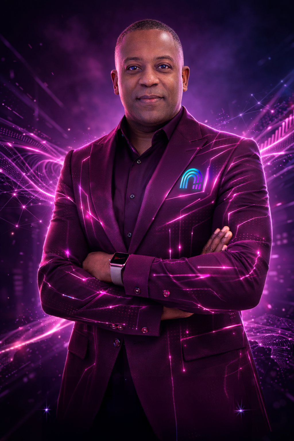 A man in a dark suit with neon pink and blue digital effects, standing with arms crossed and wearing a smartwatch.