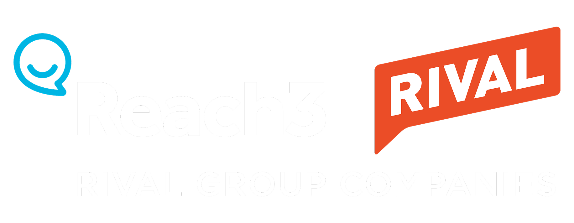 Reach3 Rival Group Companies logo with a blue smiley face icon, the words Reach3 in black, a red speech bubble with RIVAL in white, and the words RIVAL GROUP COMPANIES in white underneath.