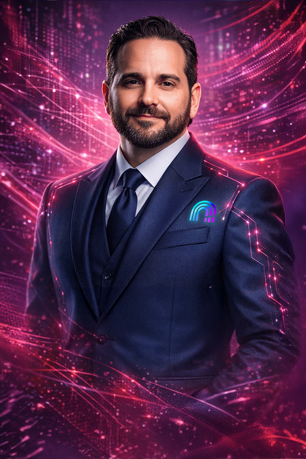 A man in a suit with a digital rainbow logo on his chest, standing against a vibrant, futuristic pink and purple digital background.