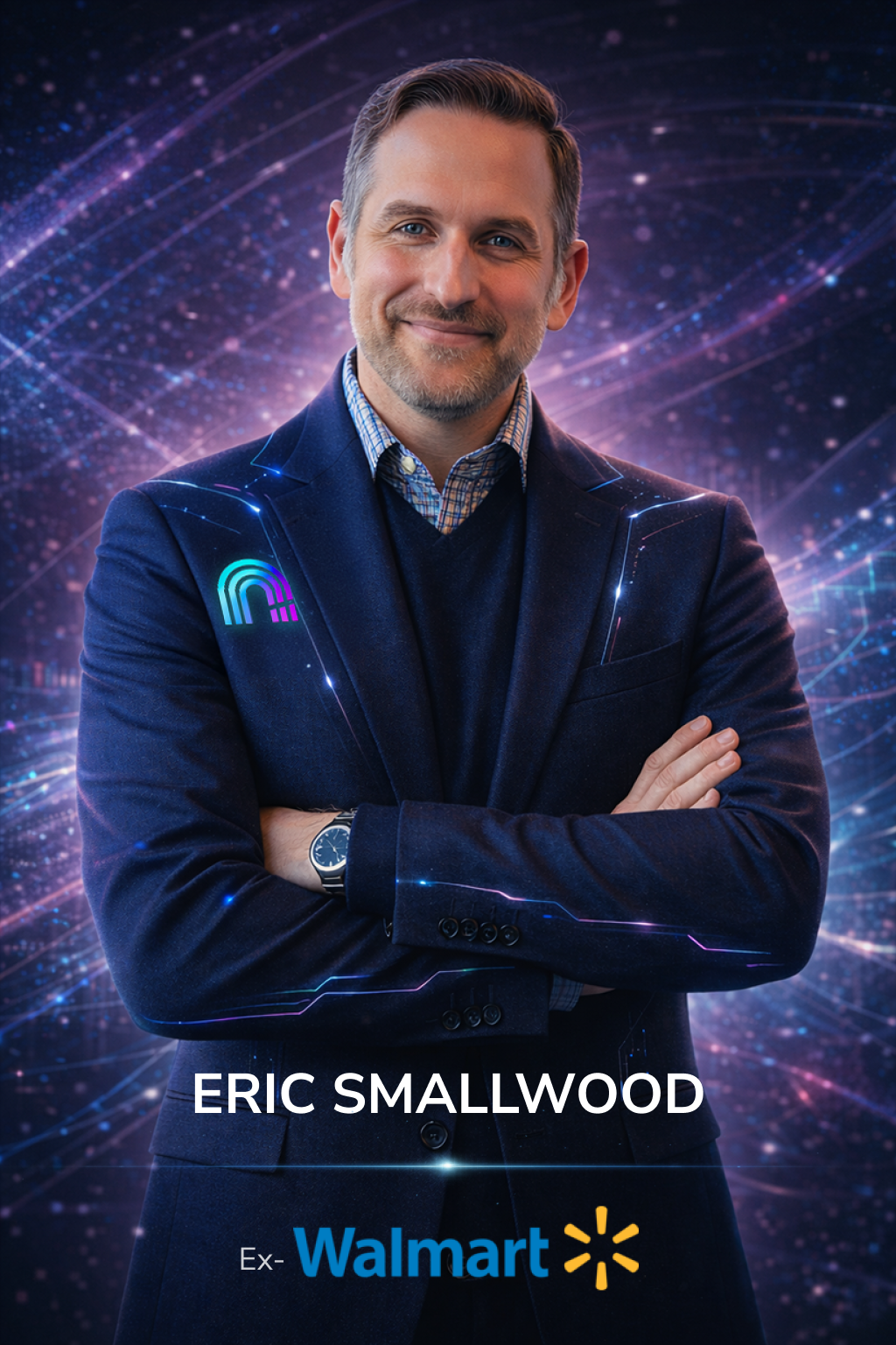 A man in a business suit smiling with arms crossed, standing against a digital, futuristic background with purple and blue light streaks. The Wal-Mart logo is visible and the text reads "Eric Smallwood, Ex-Walmart."
