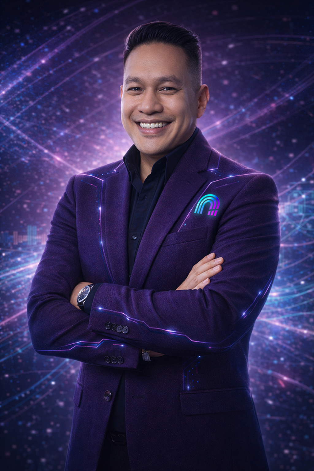 A smiling man in a purple suit with a rainbow-colored lapel pin stands with arms crossed in front of a digital, futuristic background with glowing lines and particles.
