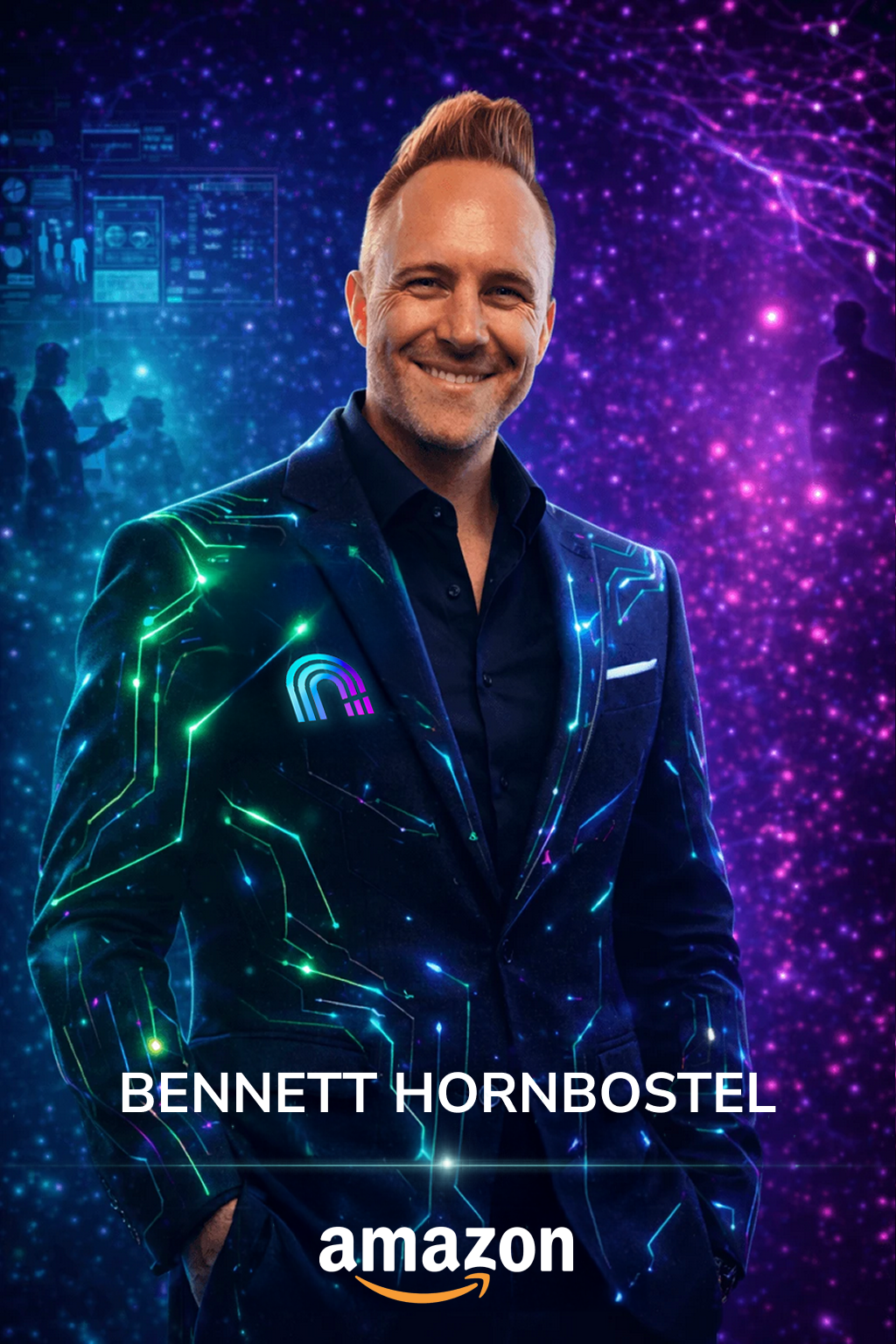 Portrait of Bennett Hornbostel in a digital, futuristic background with circuitry and people in the distance, wearing a suit with digital circuit patterns, with the Amazon logo and his name displayed.