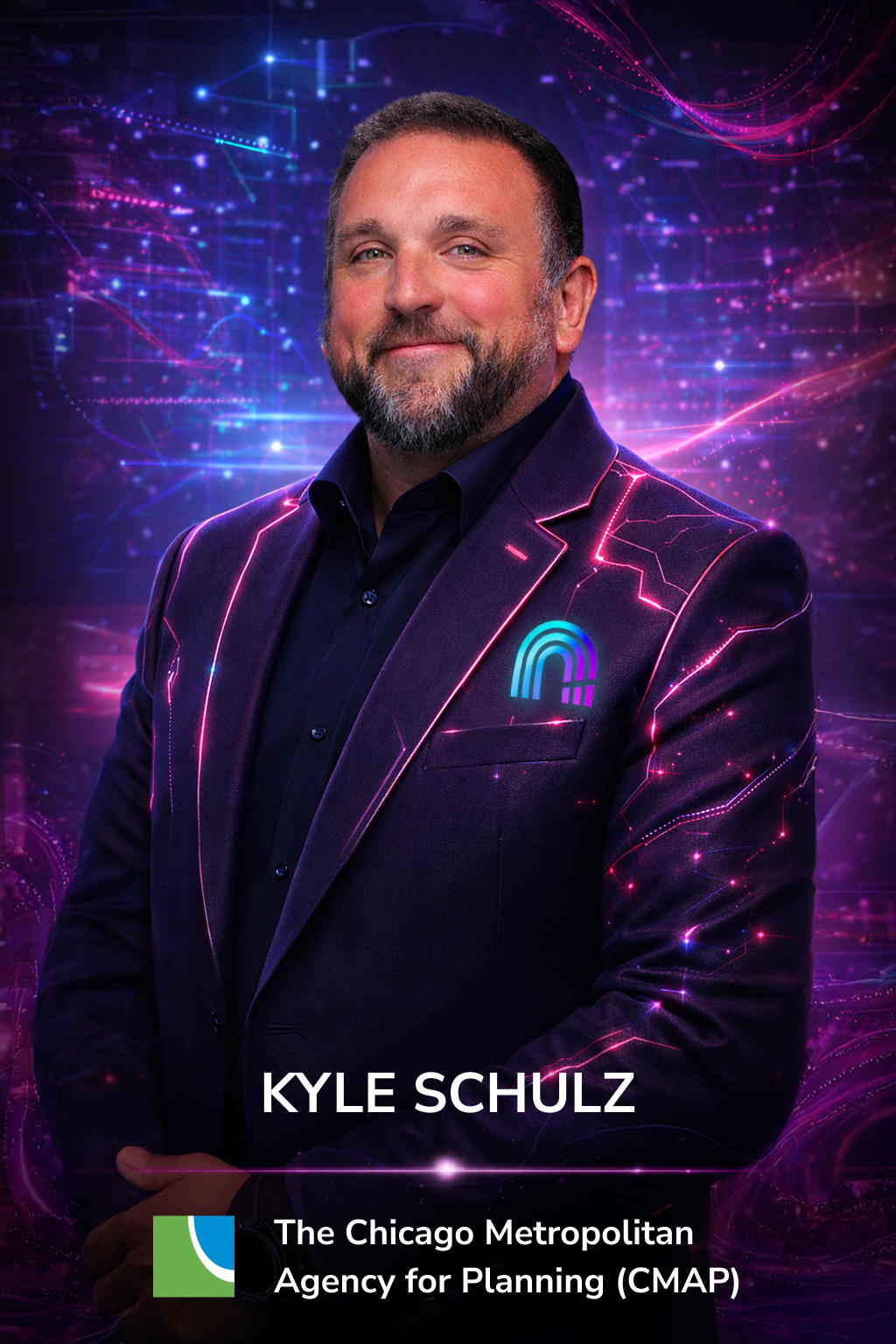 Portrait of Kyle Schulz wearing a dark suit with a futuristic digital background, featuring neon pink and blue lines and patterns, with a logo on his chest.