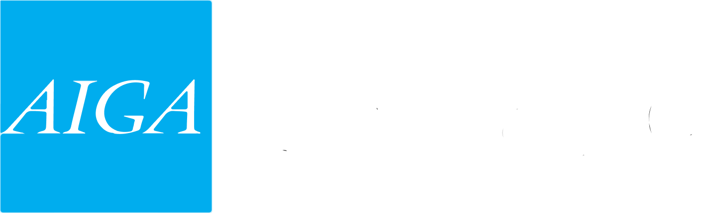 AIGA Chicago logo in blue and white with the text 'AIGA Chicago'.