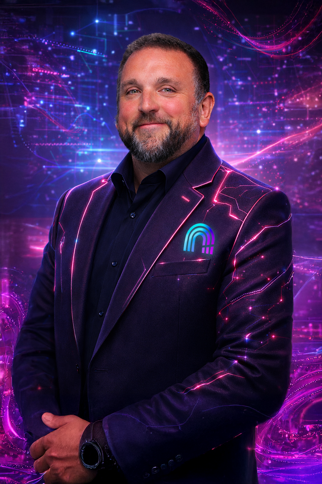 A man with a beard wearing a dark suit jacket with a logo on the chest stands in front of a digital, futuristic background with neon purple and blue lights, circuitry, and glowing lines.