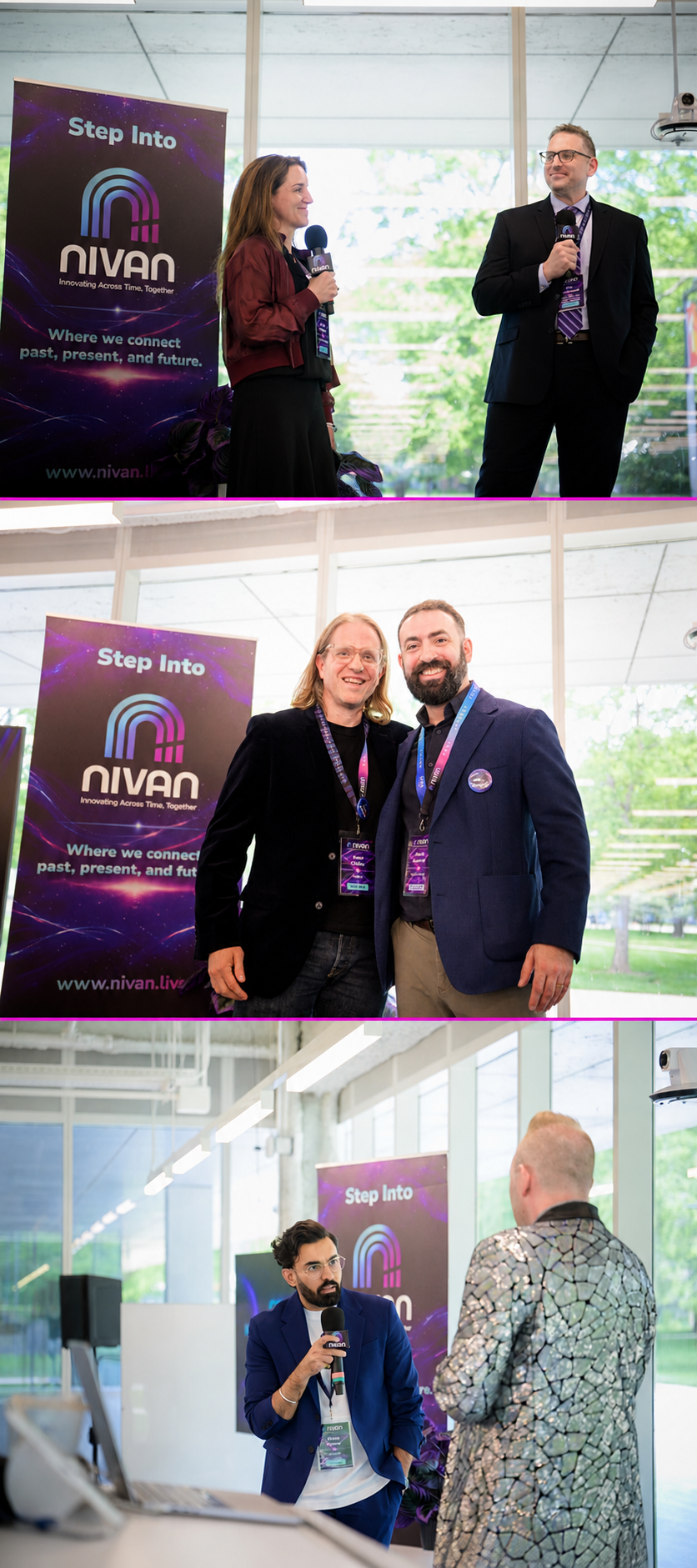 Three different people speaking and listening at a conference with a 'Nivan' banner that reads 'Step Into Nivan. Where we connect past, present, and future.'