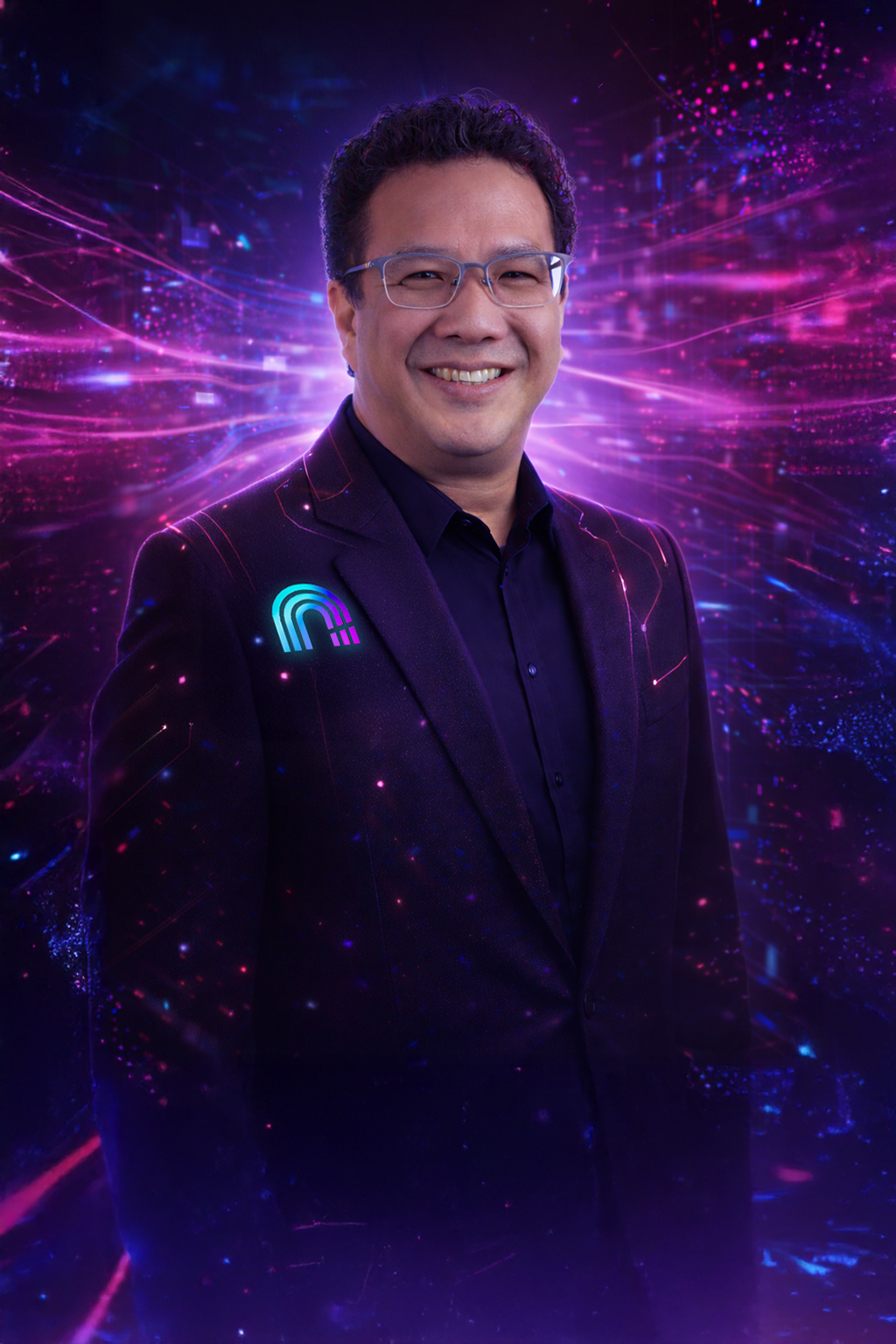 A man wearing glasses and a dark suit with a small rainbow-shaped logo on his lapel, standing with a vibrant digital background of purple and pink light streaks and particles.