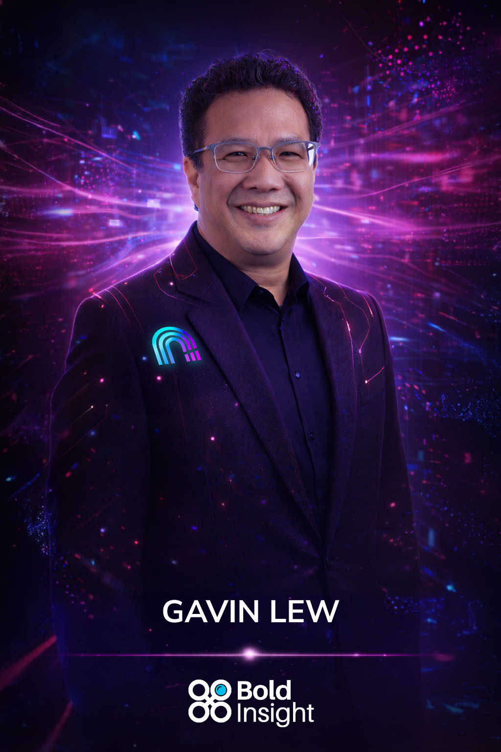 A man in a dark suit with glasses smiling in front of a digital, futuristic background with neon purple and pink lines, and the logos of Bold Insight and a multicolored abstract design on his chest.