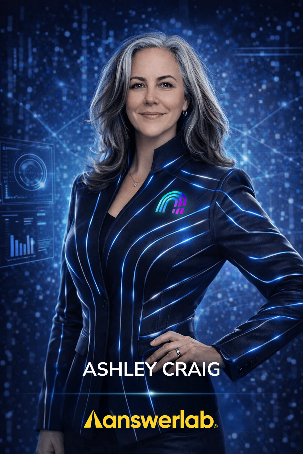 A woman with gray hair smiling, wearing a black jacket with blue neon lines and a colorful logo on her chest, standing against a digital background with screens and data visualizations. The text reads 'Ashley Craig' and 'Answerlab'.