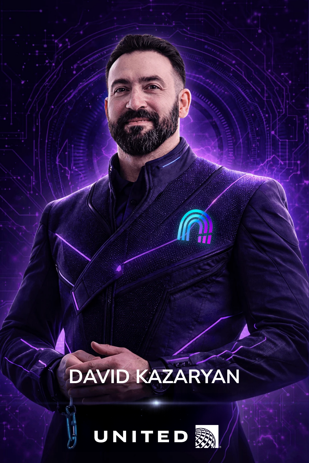 Portrait of David Kazaryan in a futuristic, tech-inspired outfit with neon purple and blue accents, standing against a digital, circuit-like background. Text overlay with his name and the United Airlines logo.
