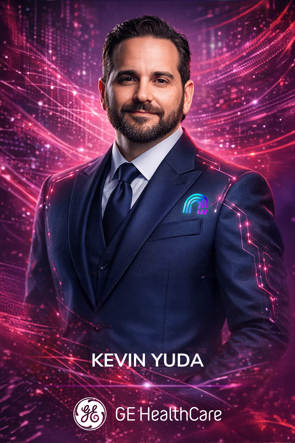 A professionally dressed man in a dark suit, white shirt, and tie, smiling against a background of pink and purple digital light streaks, with the name Kevin Yuda and GE Healthcare logo at the bottom.