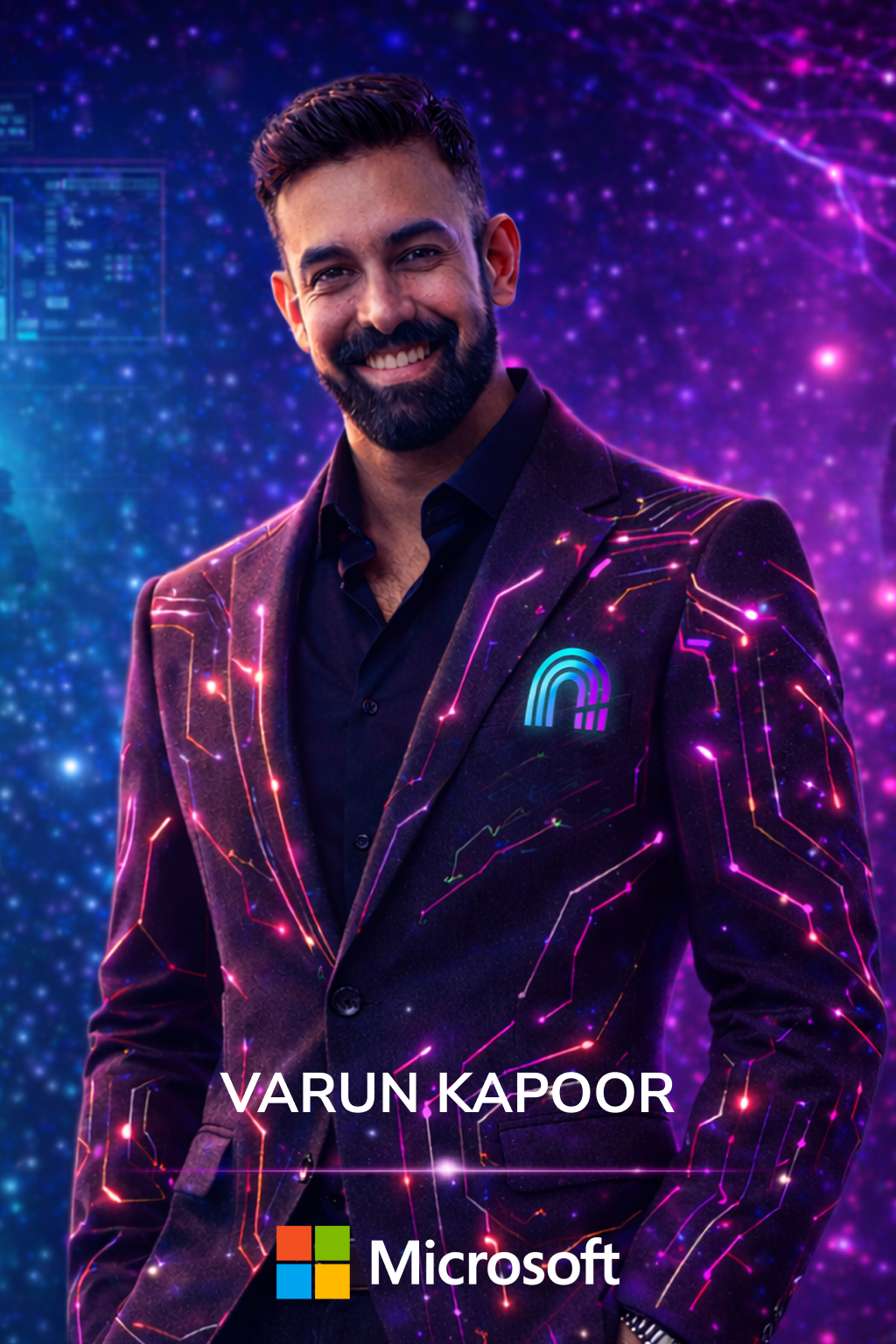 A smiling man in a suit with a high-tech digital background, featuring neon and circuit-like designs, and the Microsoft logo. The text reads 'Varun Kapoor'.