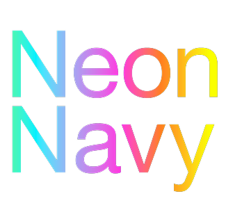 Neon text spelling out 'Neon Navy' in colorful gradient on black background.