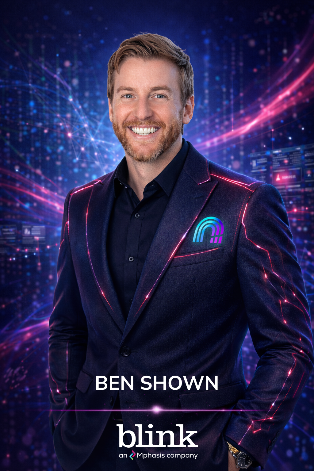 A smiling man in a dark suit with pink neon lights and digital data in the background. He wears a blazer with an AR logo on the pocket. The text says 'Ben Shown' and 'blink, an Mphasis company.'