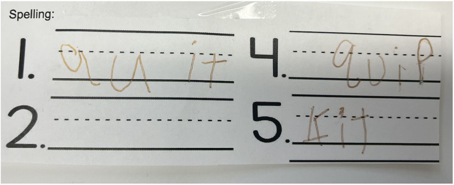 A worksheet with the heading 'Spelling:' and four numbered spaces for answers. The number 1 space contains the handwritten word 'your', the number 2 space is blank, the number 4 space contains the handwritten word 'their', and the number 5 space contains the handwritten word 'first'.