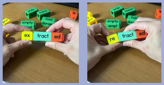Two photos of hands holding colorful letter blocks spelling "extract" and "re" on a wooden table, with other letter blocks in the background.
