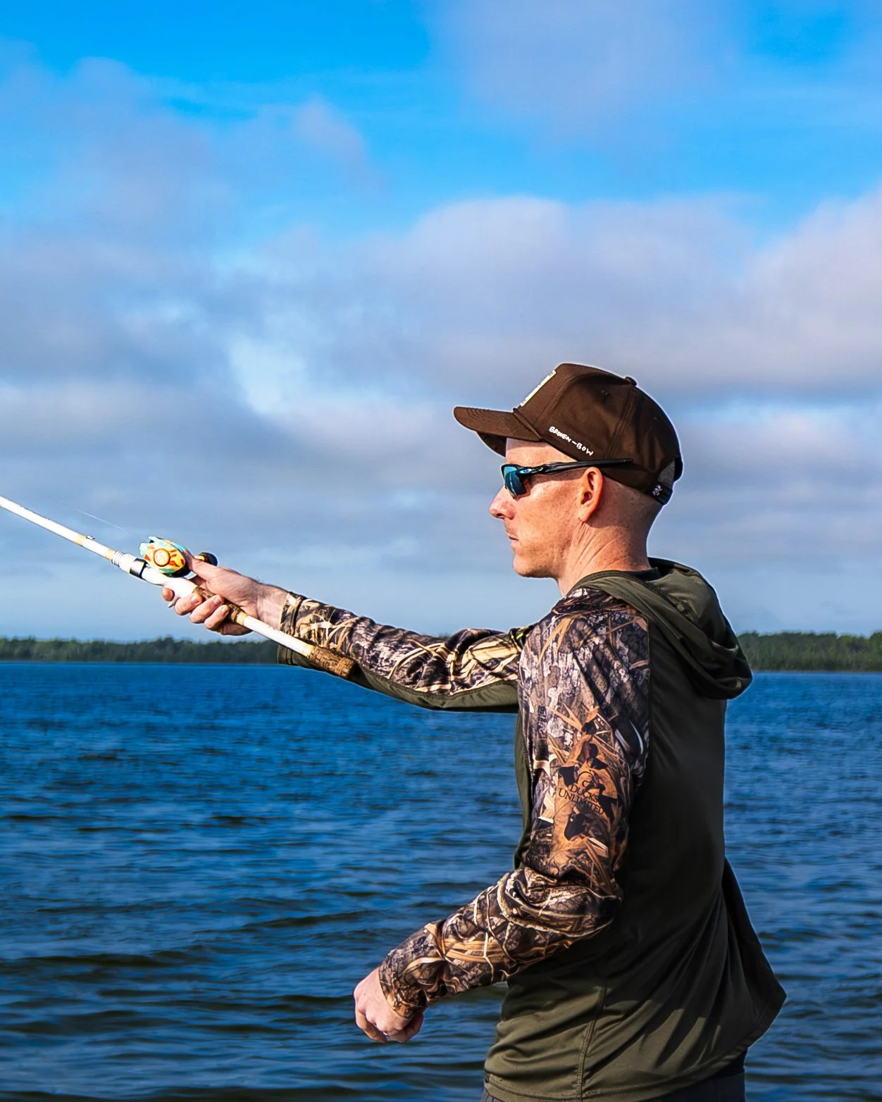 Man fishing on a lake during daytime, wearing camouflage and sunglasses, holding a fishing rod, with a blue sky and distant tree line in the background.