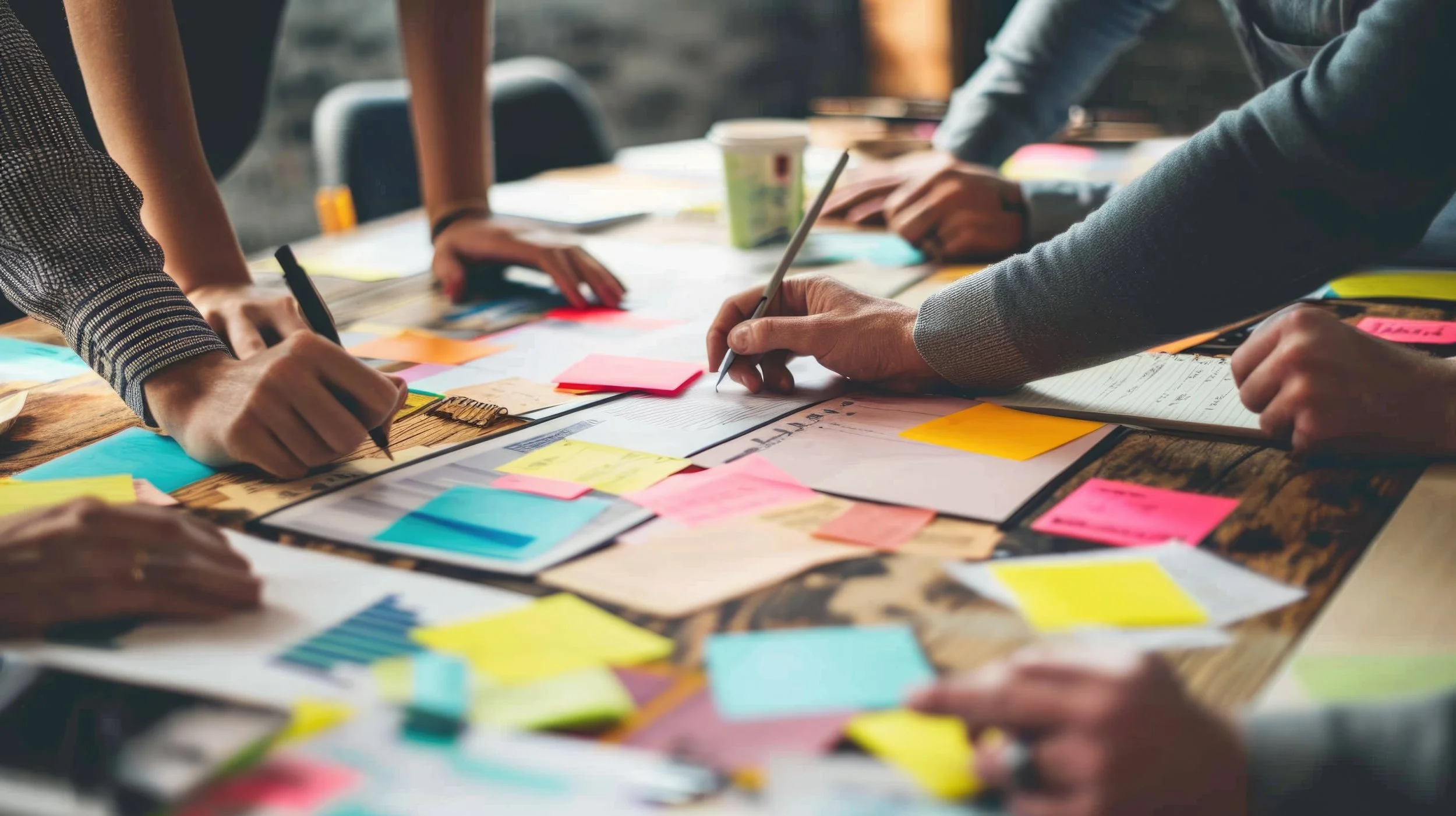 People working at a wooden table covered with colorful sticky notes, papers, and notebooks, engaged in a collaborative activity or planning session.