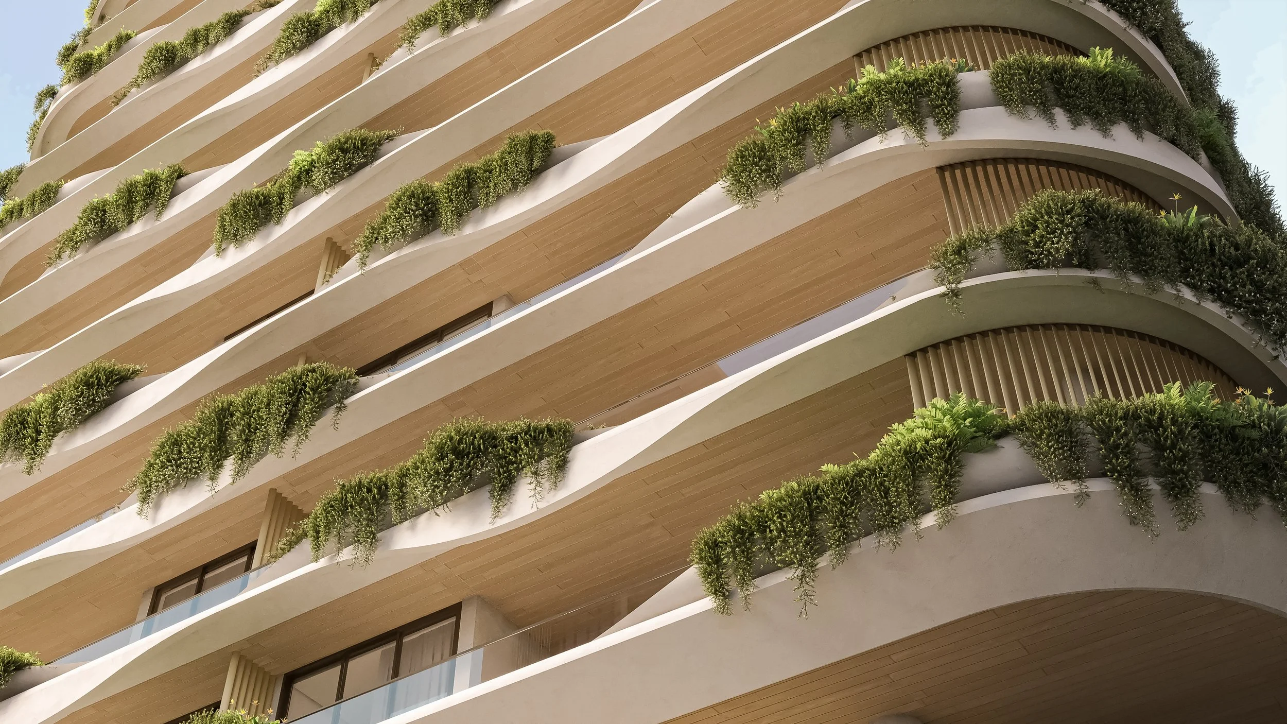 Banksia Kangaroo Point. Joe Adsett Designed. Close-up of a modern building with curved balconies decorated with green plants and wooden slats, taken from below at an upward angle.