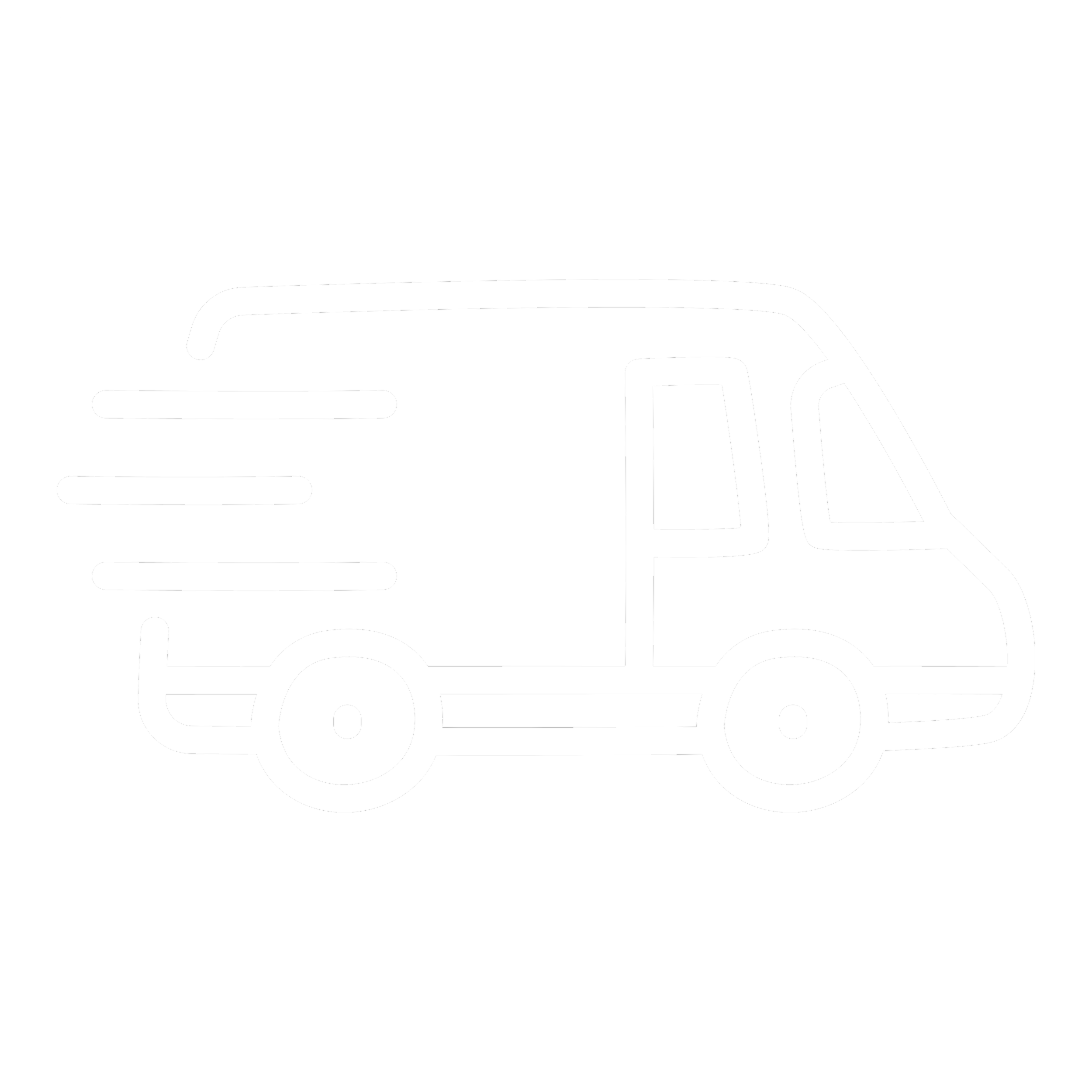 Outline of a delivery truck with a series of lines indicating movement behind it, on a black background.