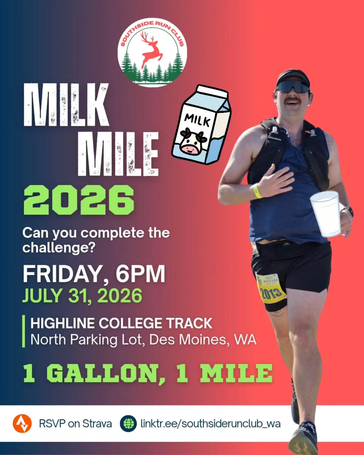 Our last event of the month is coming up! 🐮 Grab a gallon of the beverage of your choice and complete the Milk Mile challenge with Southside Run Club! 🏃&zwj;♀️🏃&zwj;♂️

The rules are simple: every 400m, you chug your beverage of choice. 

Drink it