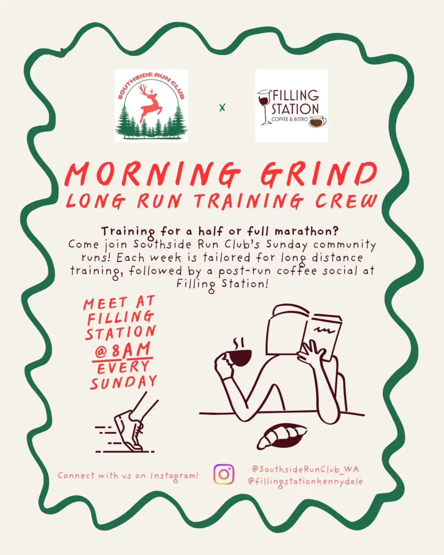 Thank you all for sharing your input on our previous poll! 

📢 We are now officially hosting our Sunday Morning Grind long runs at 8AM at @fillingstationkennydale ! 

☀️ Summer edition: 1.5 hour long runs (45-minute out and back) on the Eastrail

🍁