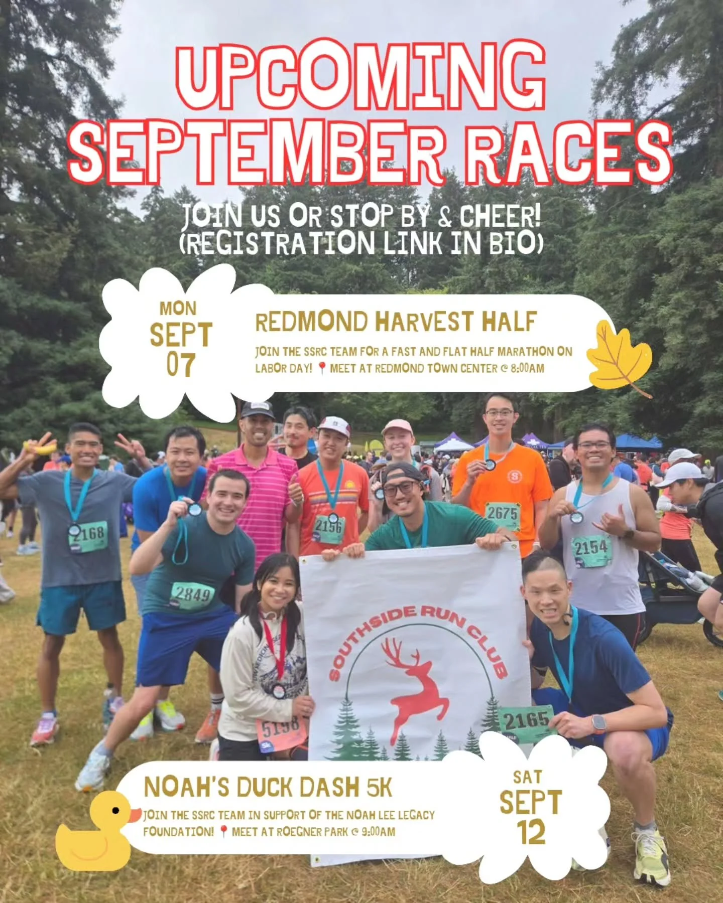 Hi Southside Runners! 👋

Fall racing season is upon us, so we want to highlight the races we will be present at/supporting for the month of September 🏃&zwj;♀️🏃&zwj;♂️

🍁 Redmond Harvest Half 🍁
📍 Meet at Redmond Town Center at 8:00AM for group p