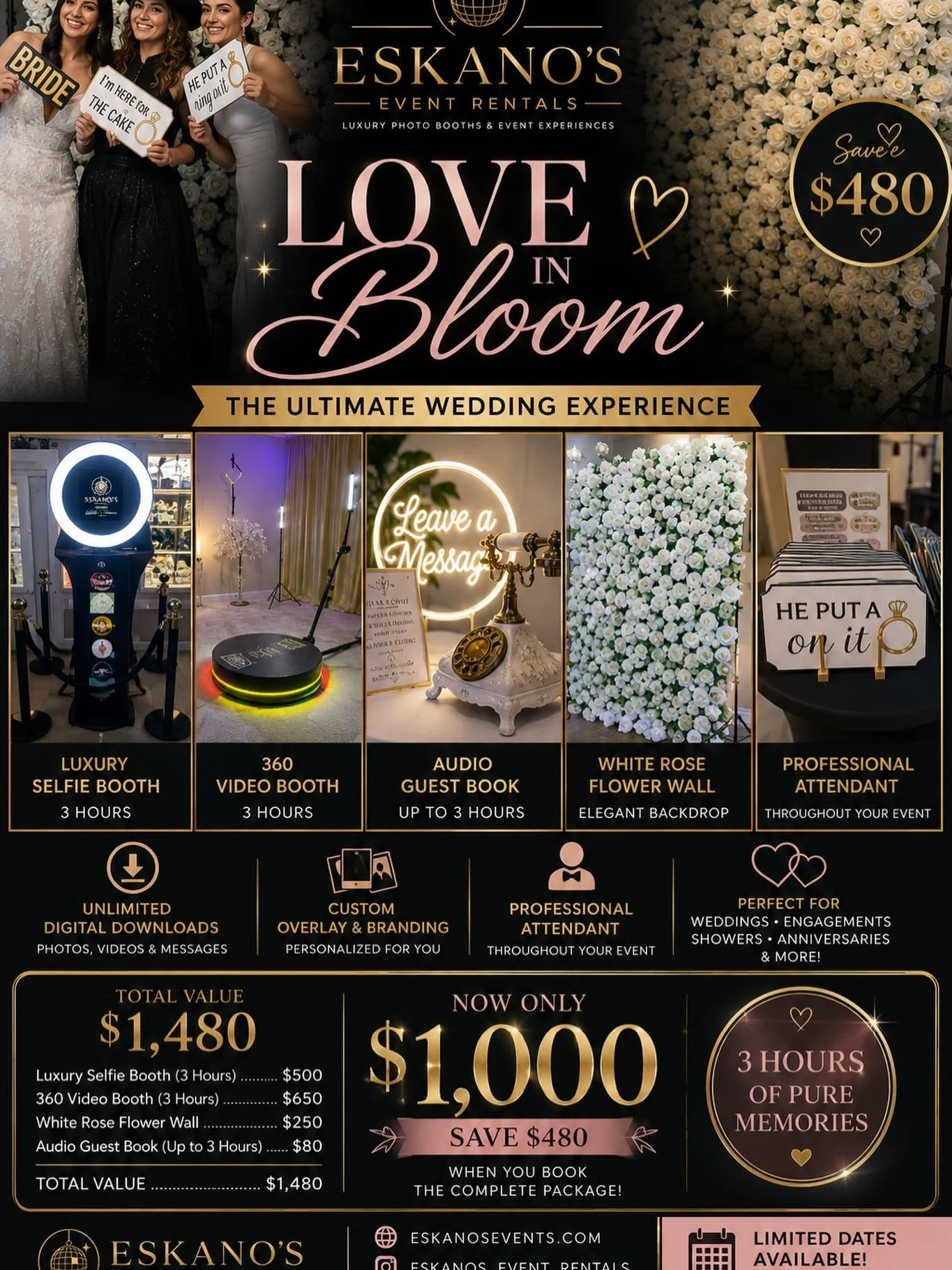 💍 NEW WEDDING PACKAGE ALERT 💍

Looking for a way to WOW your guests?

Our &ldquo;Love In Bloom&rdquo; Package includes:

✨ Luxury Selfie Booth
✨ 360 Video Booth
✨ White Rose Flower Wall
✨ Audio Guest Book

Total Value: $1,480

🎉 Package Price: ONL