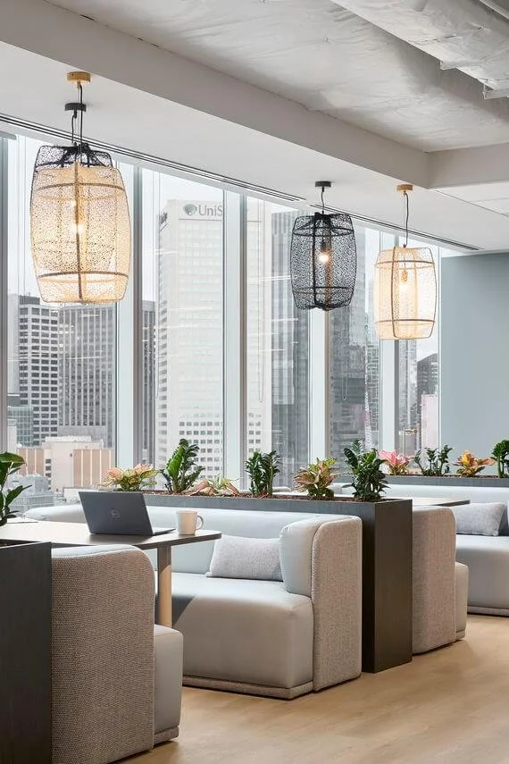 Modern coworking space with large windows, hanging pendant lights, white sofas with gray cushions, and plants on a dividing shelf.