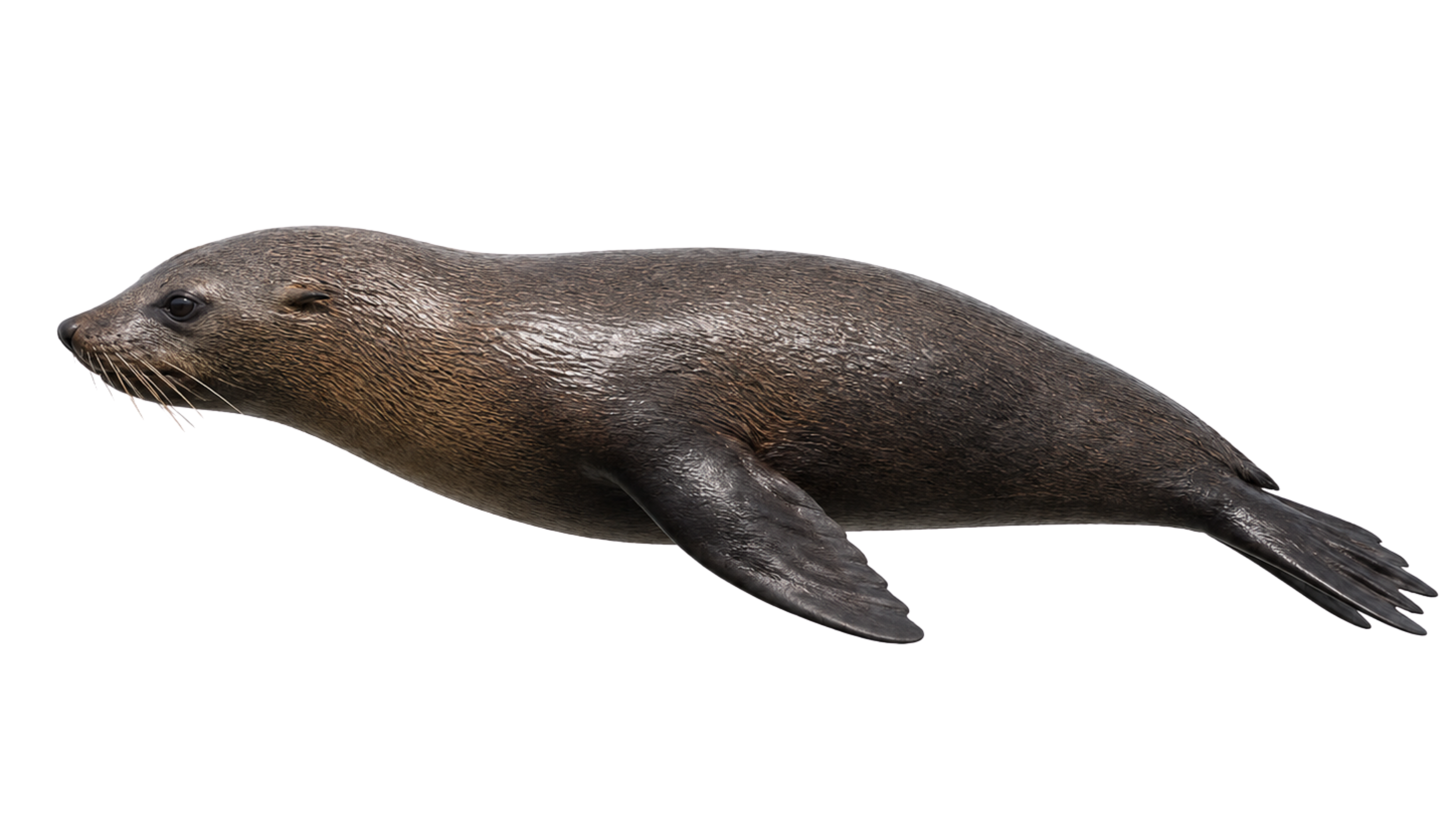 A realistic sculpture of a seal with brown fur, black eyes, and whiskers, lying on a white background.