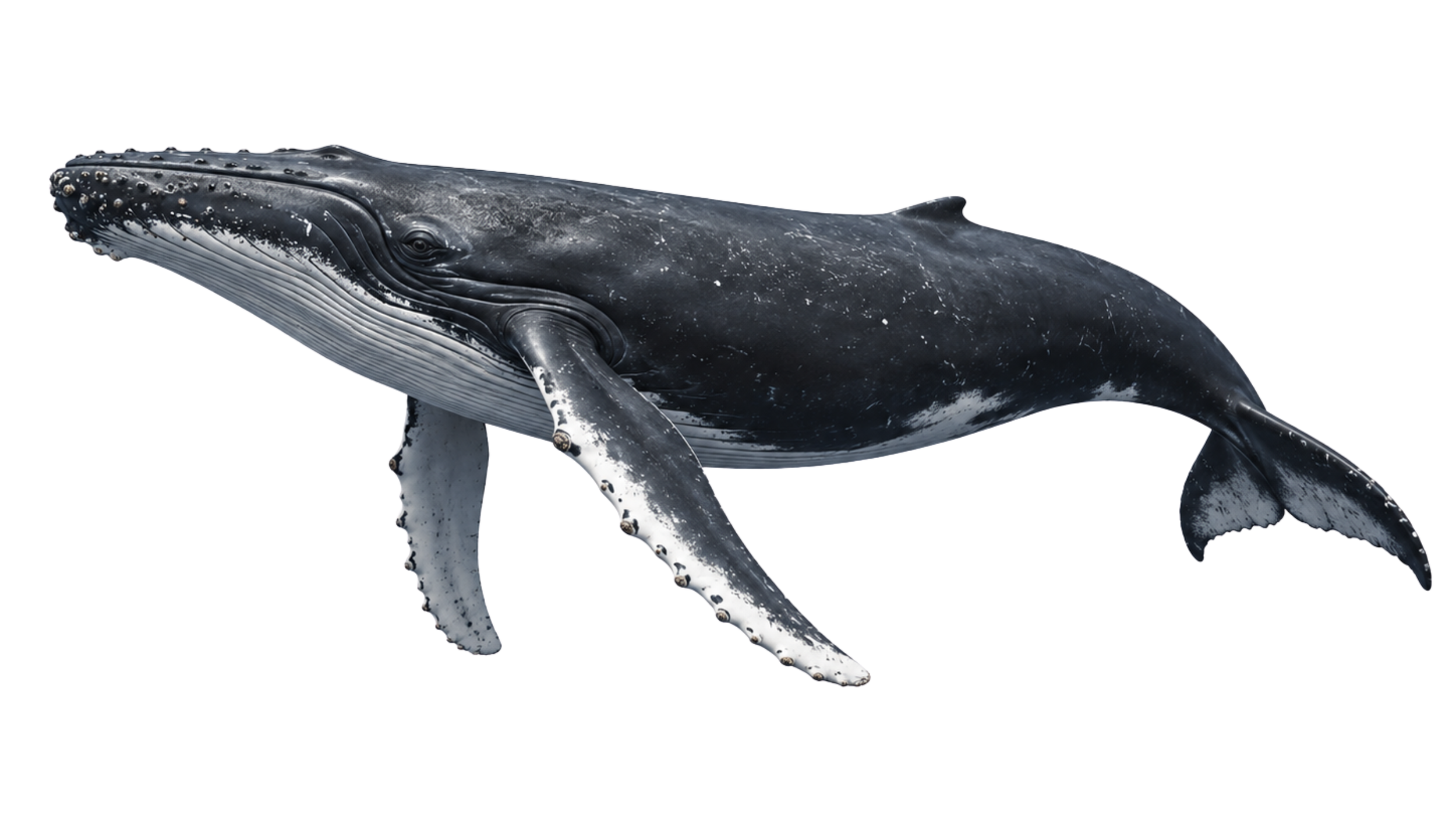 A whale, likely a humpback or similar species, swimming against a plain background.