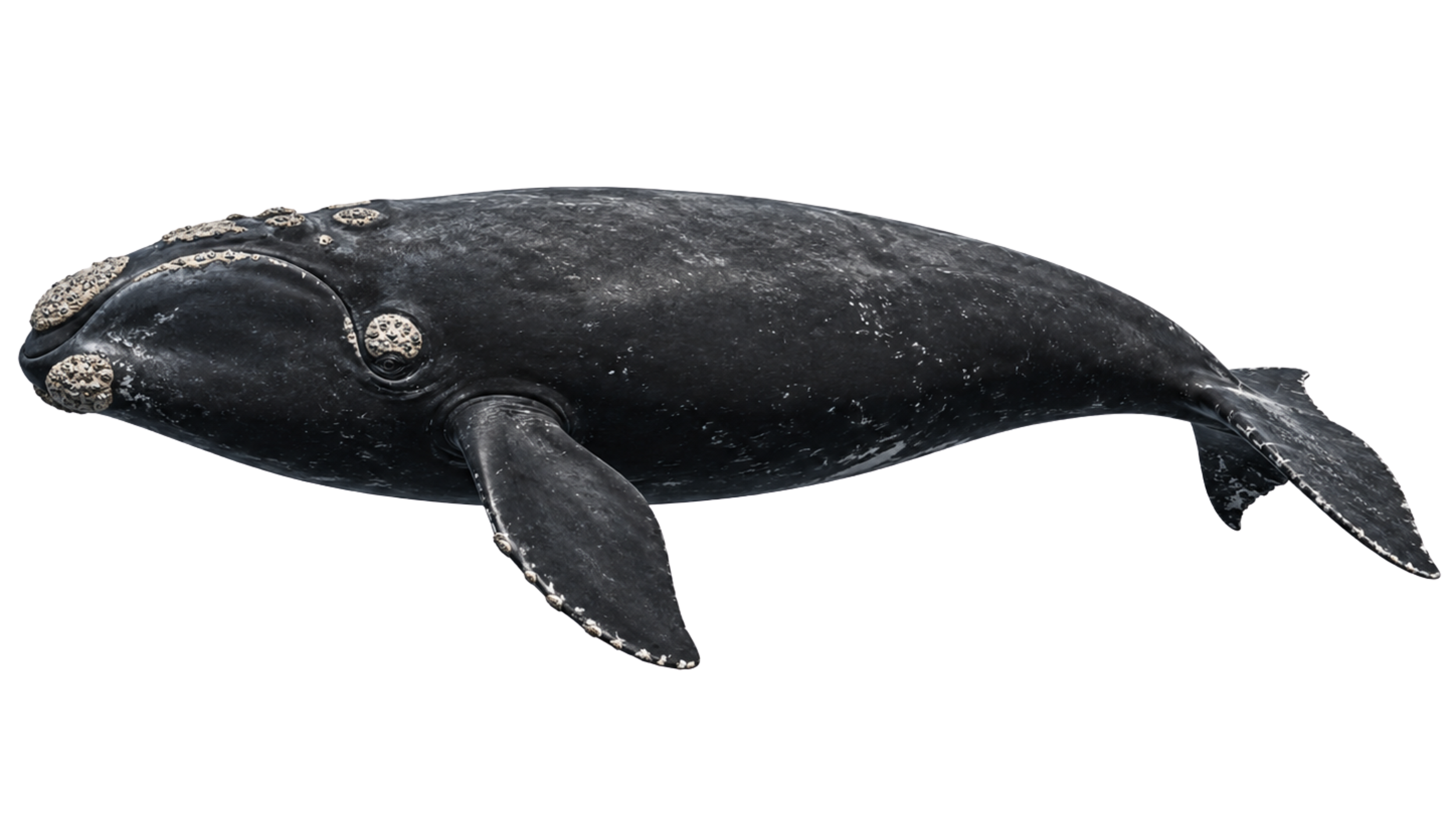 A black and white photo of a whale with barnacles on its head and fins.