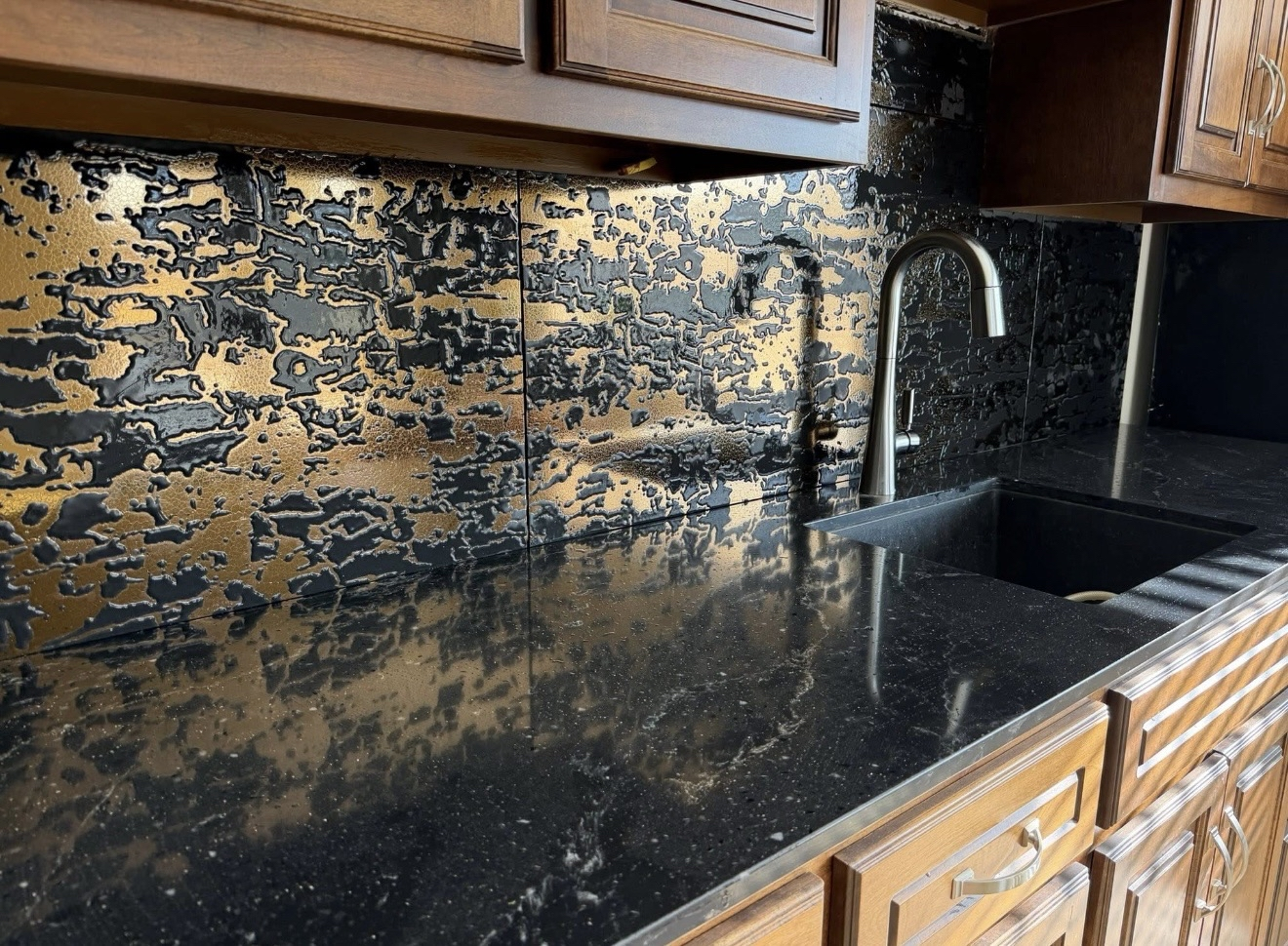 Custom backsplash artistic tile metallic finish