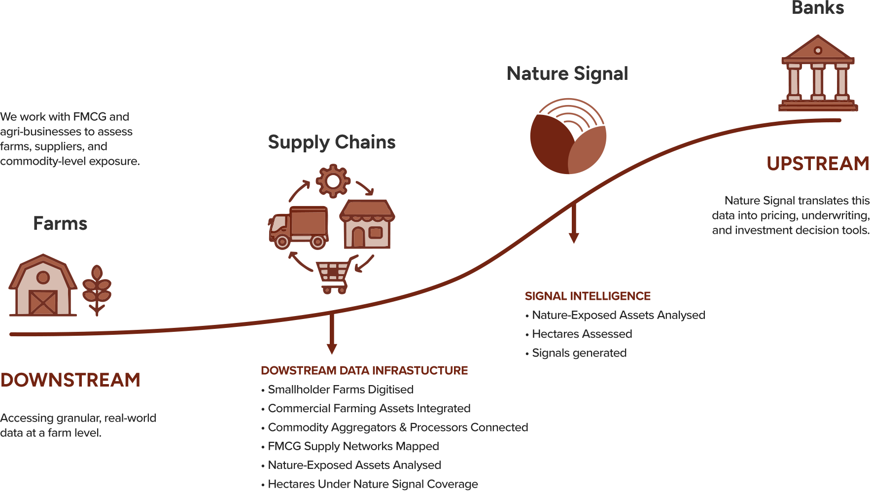 Flowchart illustrating the agricultural supply chain, from farms to banks, with upstream and downstream data infrastructure and signal intelligence analysis.