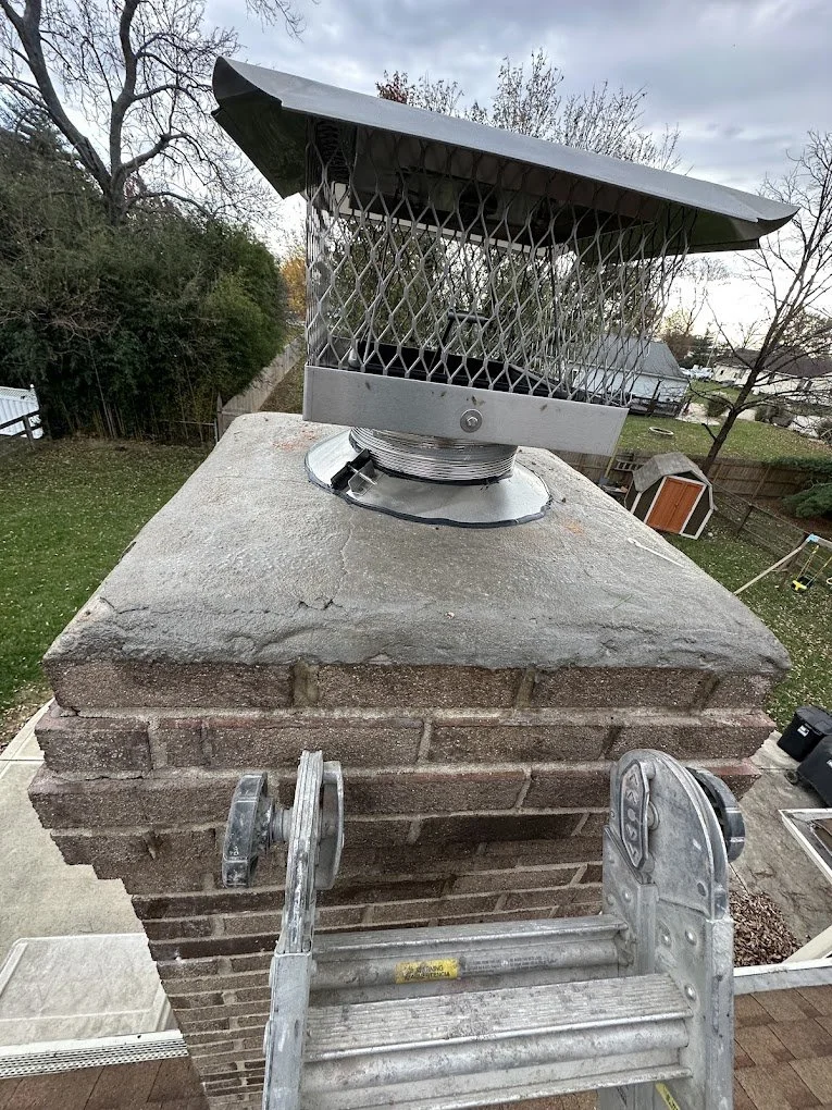 Close-up of a chimney with a chimney cap on a brick chimney, with a ladder leaning against it, in a backyard with trees and a shed.