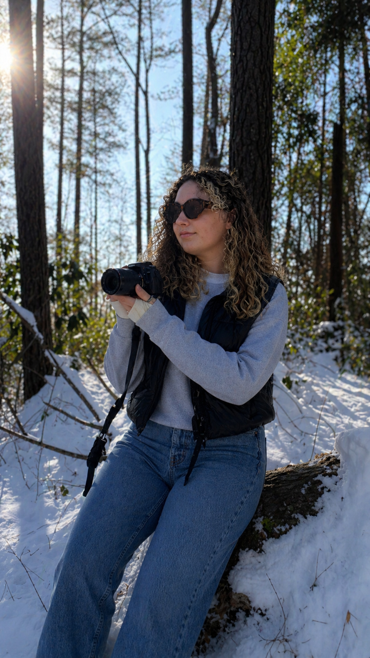 Nevaeh sitting on a fallen log in a snowy forest holding a camera during an outdoor photography session.