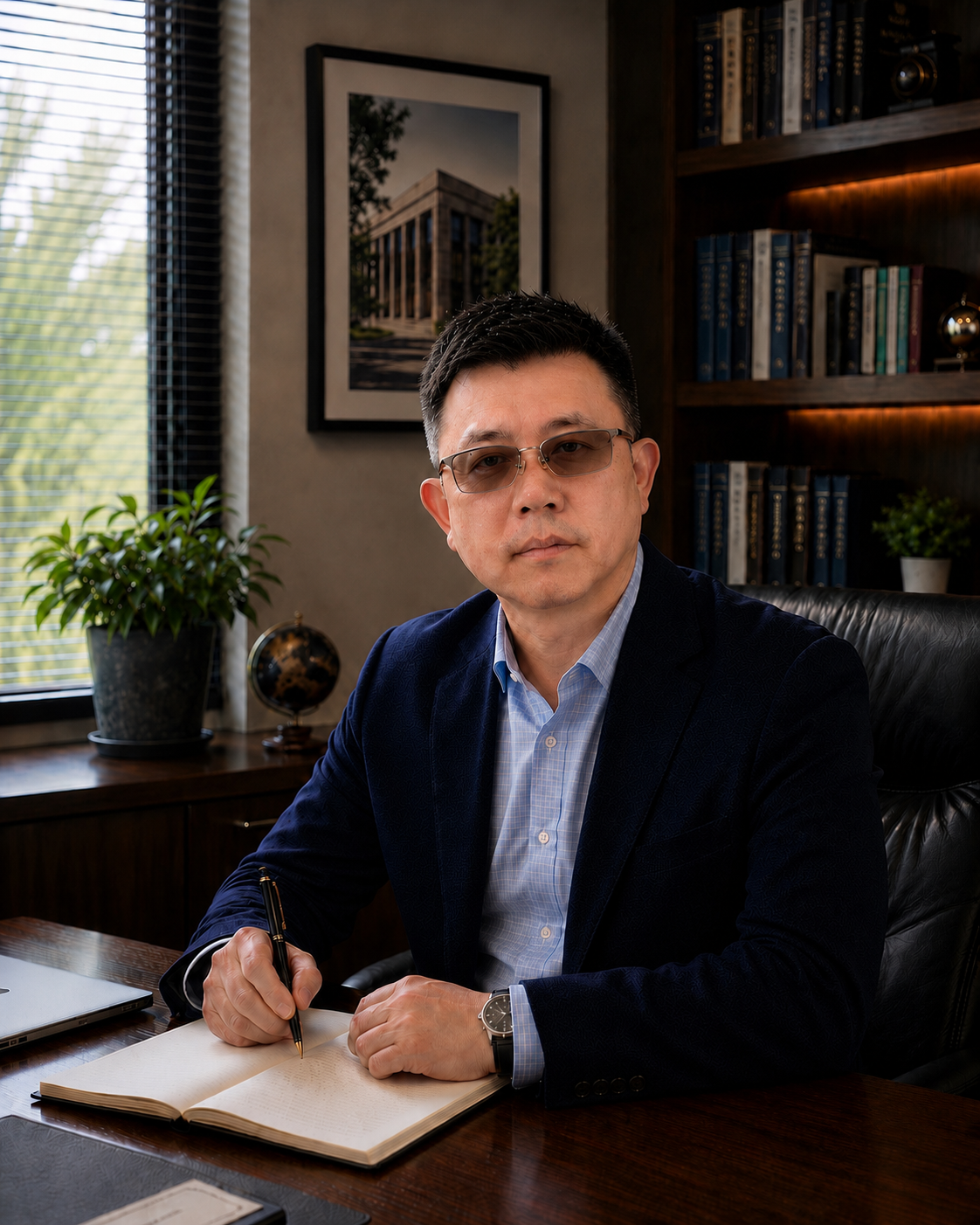 A man wearing glasses and a navy blazer sitting at a wooden desk in a professional office, with a pen in hand and an open notebook. The office has bookshelves, a window with blinds, and framed photographs on the wall.