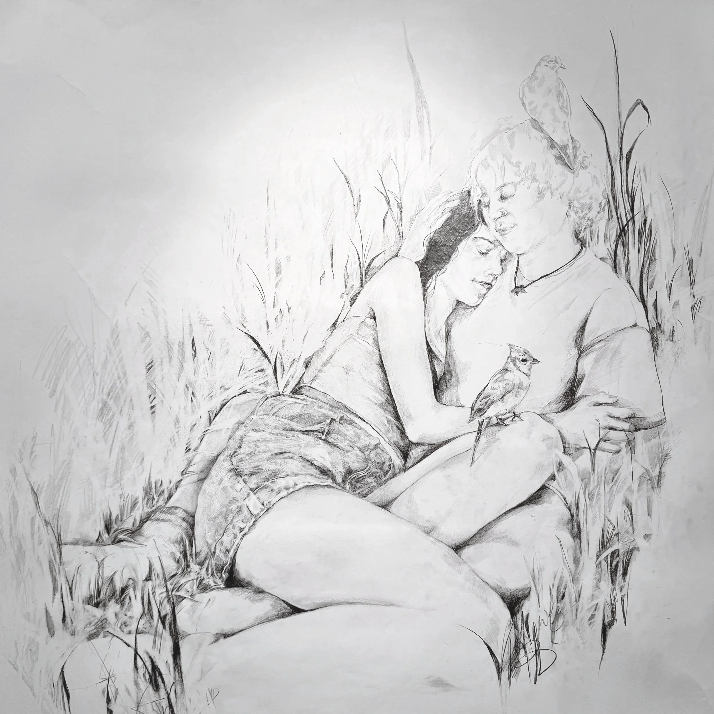 Drawing Truth: Lovebirds, 2026. Maya and Easton. Graphite on Strathmore Roll Paper. 