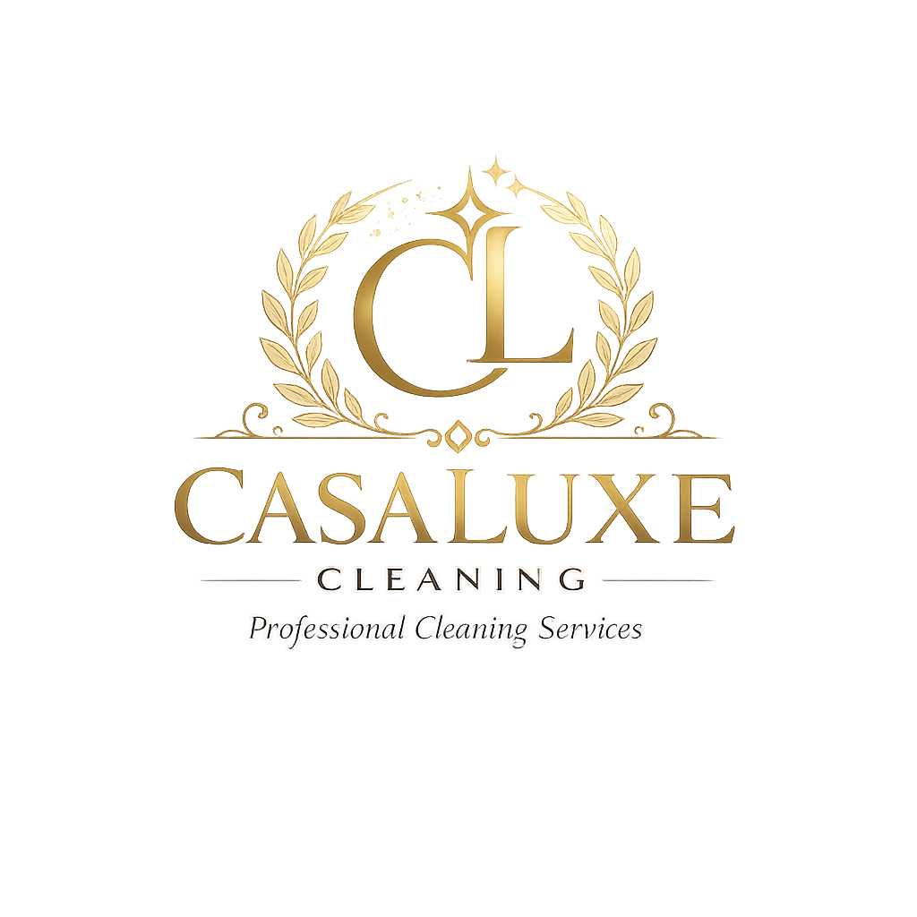 Logotipo dorado de la empresa Casa Luxe Cleaning con una corona y ramas de laurel, y el texto 'Professional Cleaning Services'.
