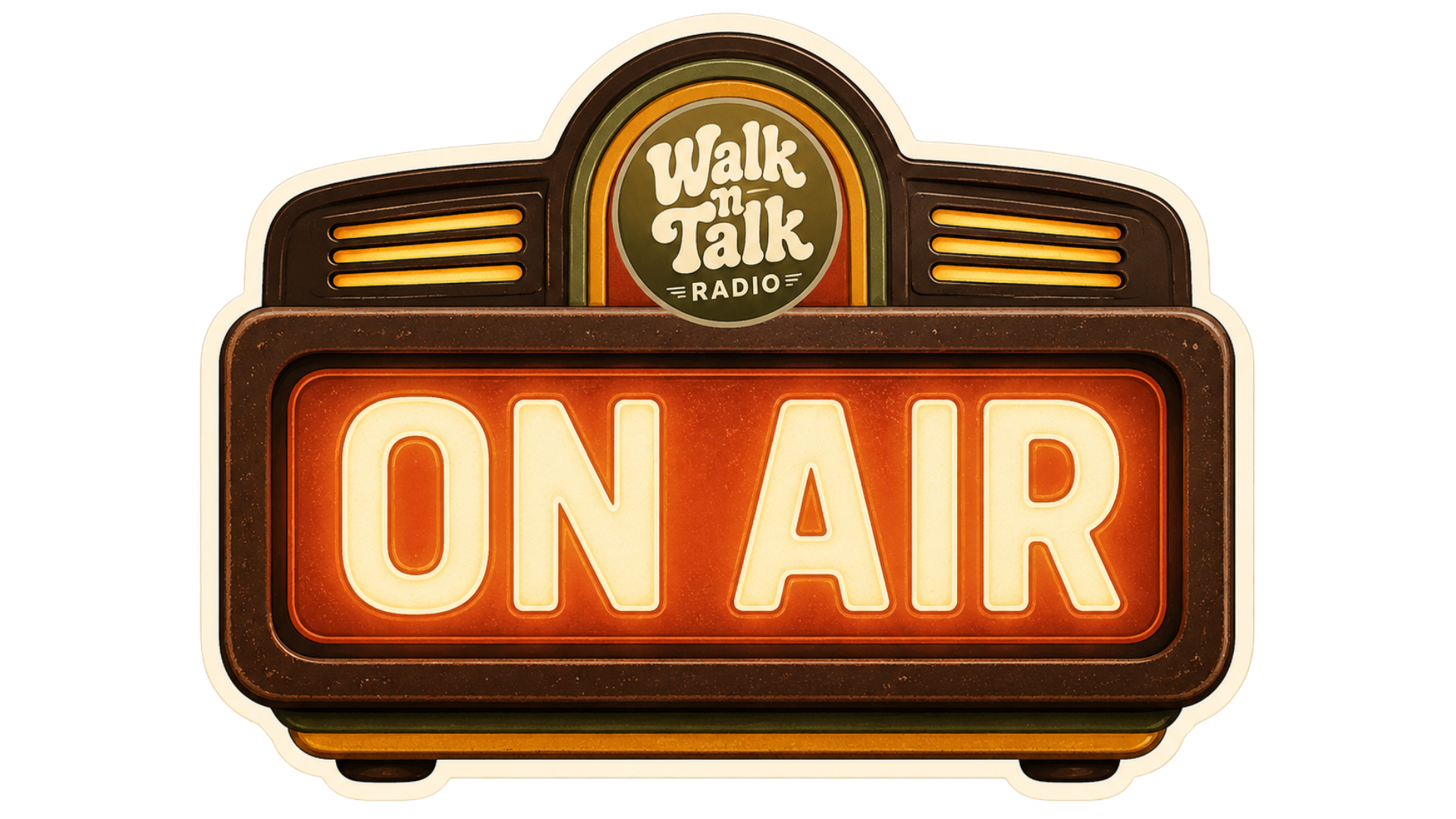 Neon sign featuring the words 'On Air' with a retro design, advertising 'Walk 'n Talk Radio' at the top.