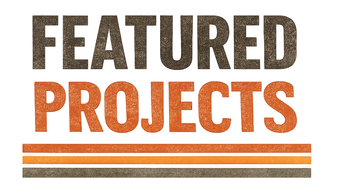 The image features large 3D text reading 'FEATURED PROJECTS'. The word 'FEATURED' appears in a gray, textured font, while 'PROJECTS' is in an orange, textured font. Below the text, there are several horizontal lines in various shades of orange, white, and gray, creating a layered effect.