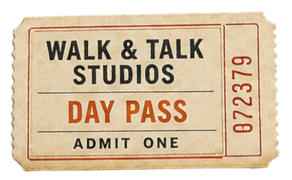 A vintage-style ticket for Walk & Talk Studios, labeled as a day pass for one person.