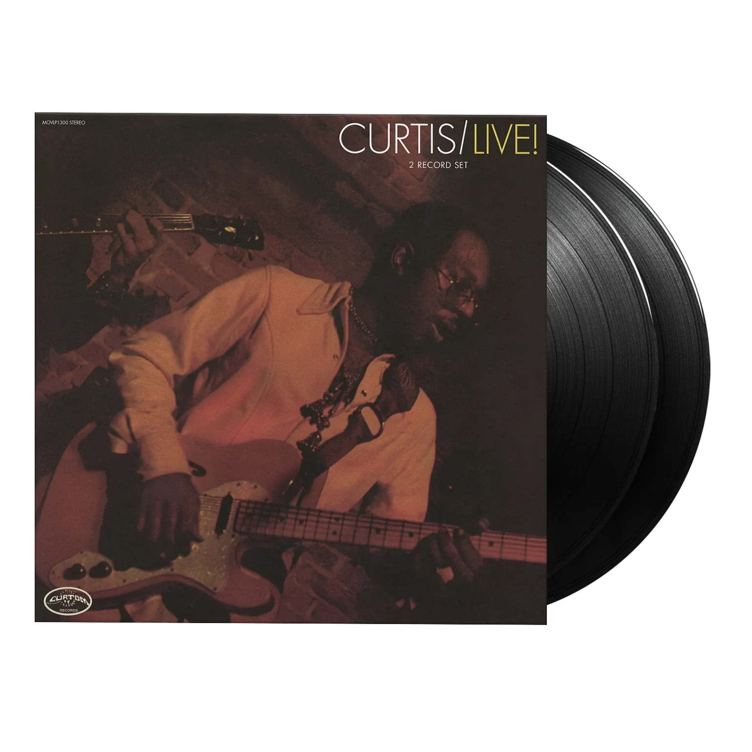 Album cover featuring a man playing an electric guitar, with the title 'Curtis Live! 2 Record Set' at the top and the record company logo at the bottom left corner.
